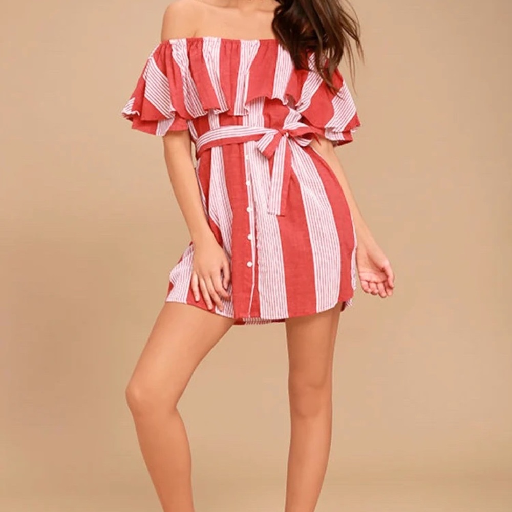Faithfull the Brand Amalfi Rust-Red Striped Off-Shoulder Mini Dress • Size S